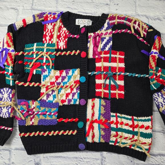 VTG Epoch Knitwear Embellished Cardigan Black Patchwork Button Sweater sz Medium - Picture 7 of 10